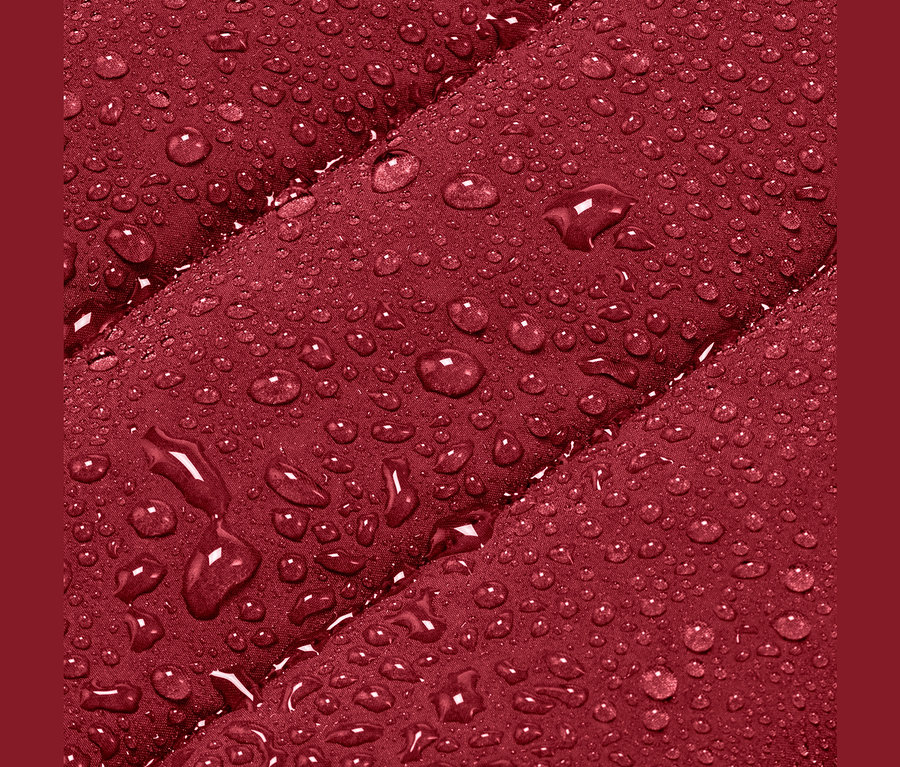 Zbliżenie na dwa pikowane, czerwone organizery pokryte kroplami wody.