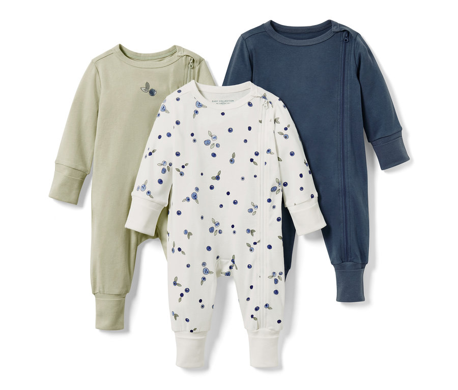 Trzy piżamy dziecięce zapinane na zamek, kolor jagodowy.