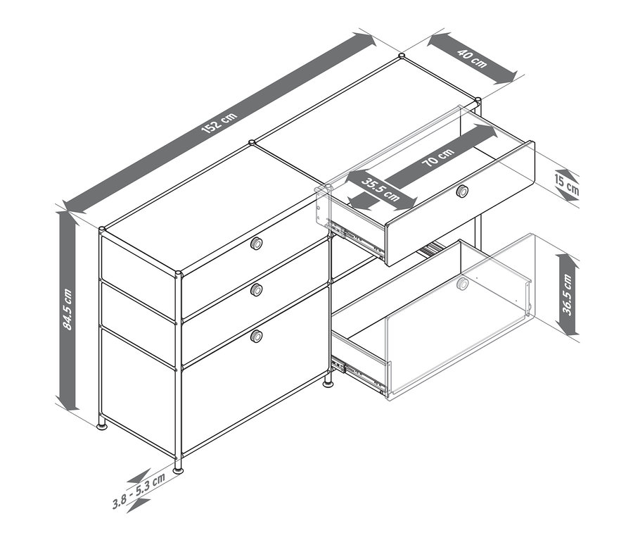 Rysunek metalowej komody »CN3« z 6 szufladami, z których dwie są wysunięte.