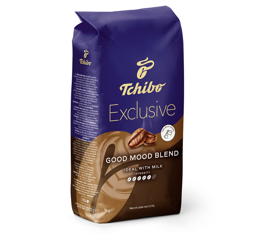 Opakowanie kawy ziarnistej Tchibo Exclusive Good Mood Blend 1 kg.