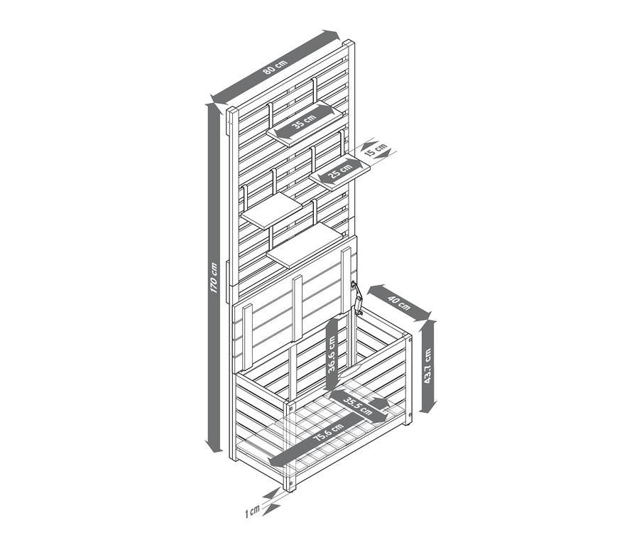 Rysunek ławki balkonowej z miejscem do przechowywania z różnymi oznaczeniami wymiarów.