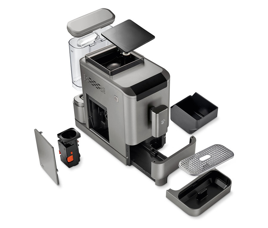 Częściowo rozebrany automatyczny ekspres do kawy »Esperto2 Caffè« w kolorze titanium silver z różnymi odłączonymi częściami.