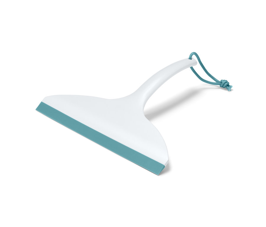 Biała ściągaczka do wody z niebieską gumową listwą i niebieskim sznurkiem.