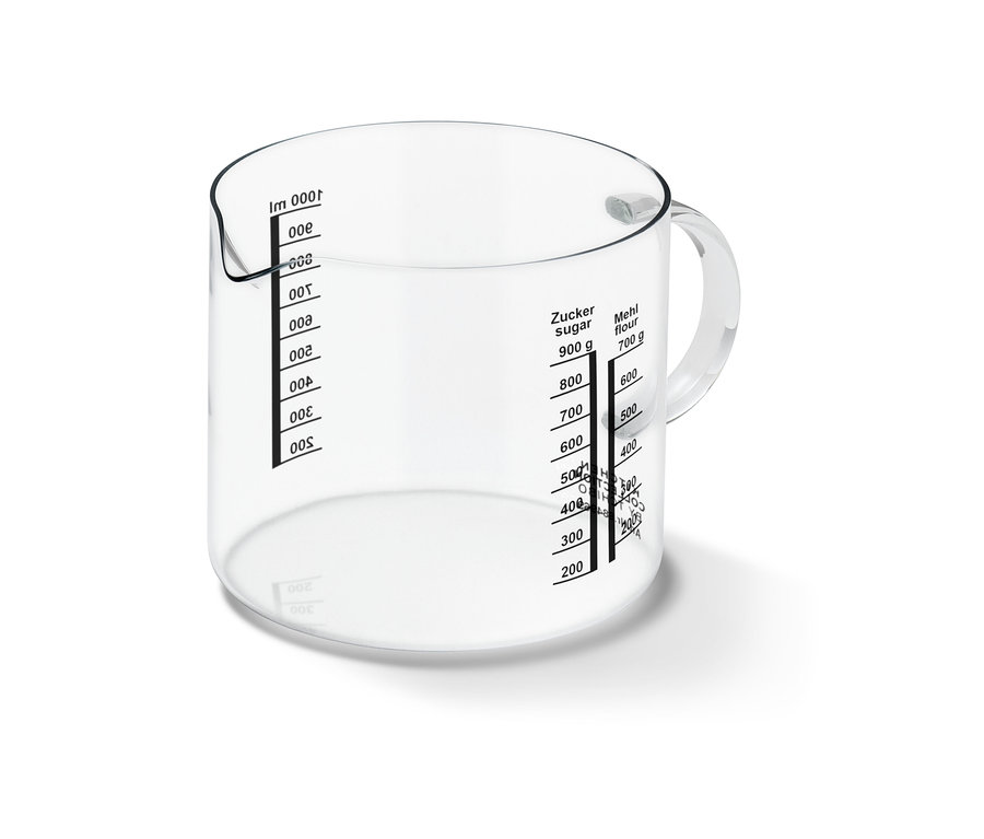 Przezroczysta miarka z oznaczeniami do odmierzania cukru i mąki.