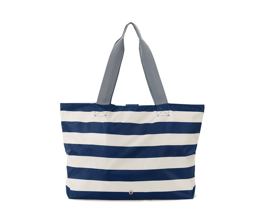 Zwijana torba plażowa w niebiesko-białe paski.