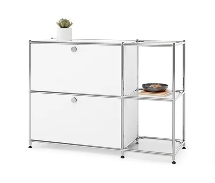 Biała metalowa szafka typu sideboard „CN3” z 2 klapami i rośliną doniczkową na górze.