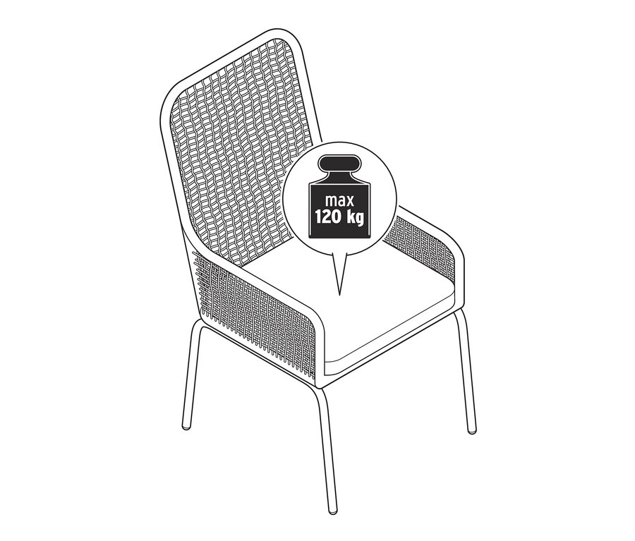 Ilustracja krzesła ogrodowego z wysokim oparciem z plecionką tekstylną.