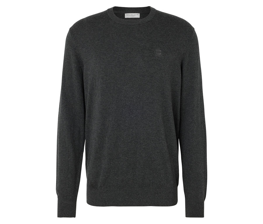 Ciemnoszary sweter z dzianiny z długimi rękawami i okrągłym dekoltem.