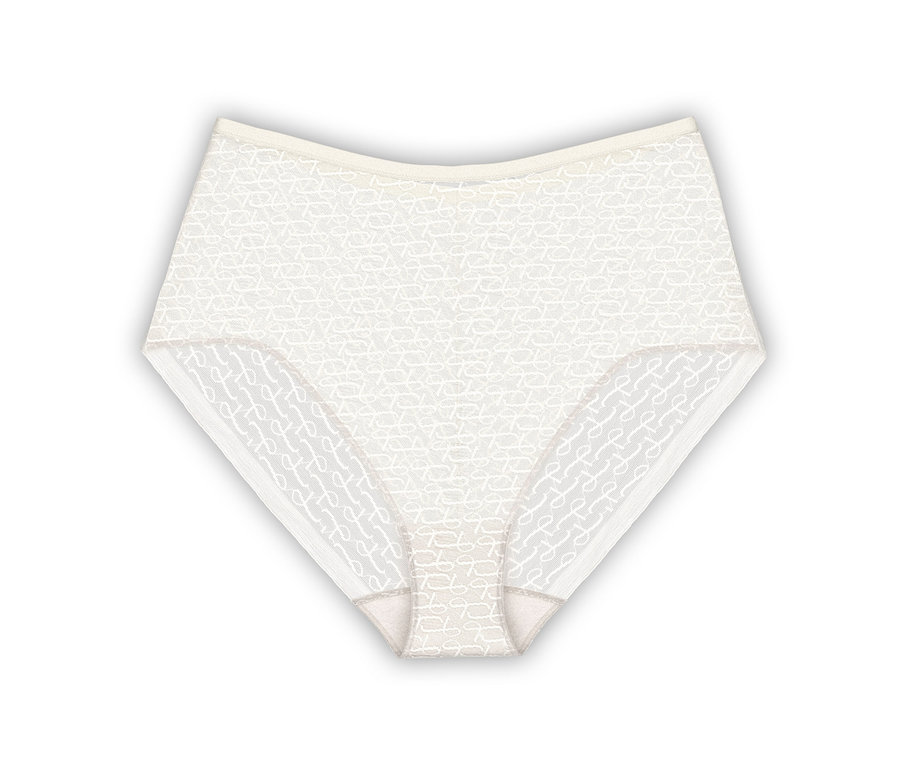 Białe figi Triumph Signature Sheer Maxi EX, Ecru White, leżą na białym tle.