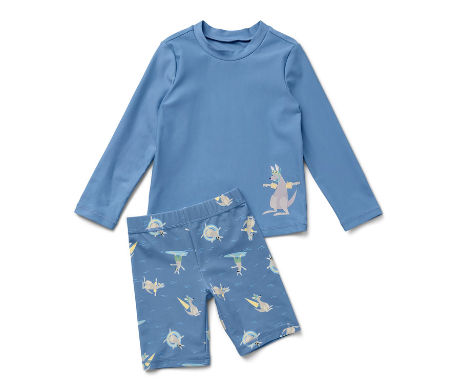 Niebieski komplet plażowy dla dzieci z filtrem UV 80, z motywem kangura.