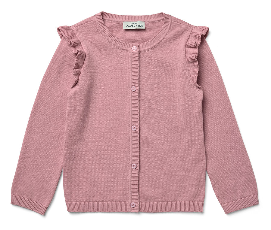 Różowy rozpinany sweter z guzikami i falbankami na ramionach.