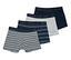Cztery pary bokserek męskich leżą na sobie. Jedne są granatowe, jedne szare, a dwie w paski.