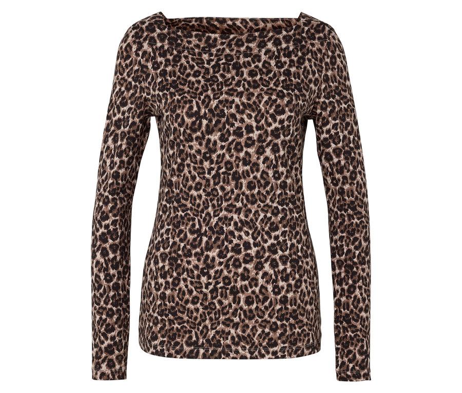 Damska bluzka z długim rękawem we wzór zwierzęcy.