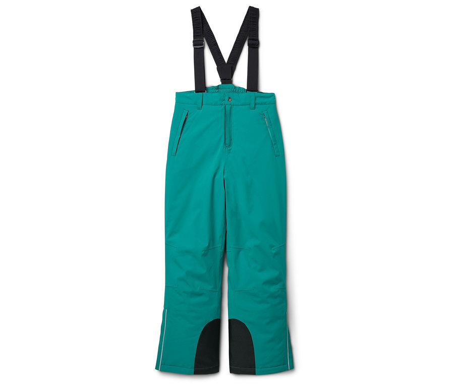 Zielone spodnie narciarskie z czarnymi szelkami i czarnymi wzmocnieniami po wewnętrznej stronie nogawek.