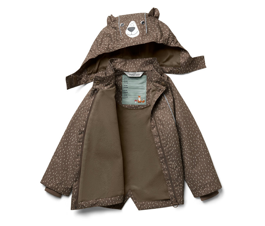 Otwarta brązowa kurtka z kapturem we wzory i uszami misia.