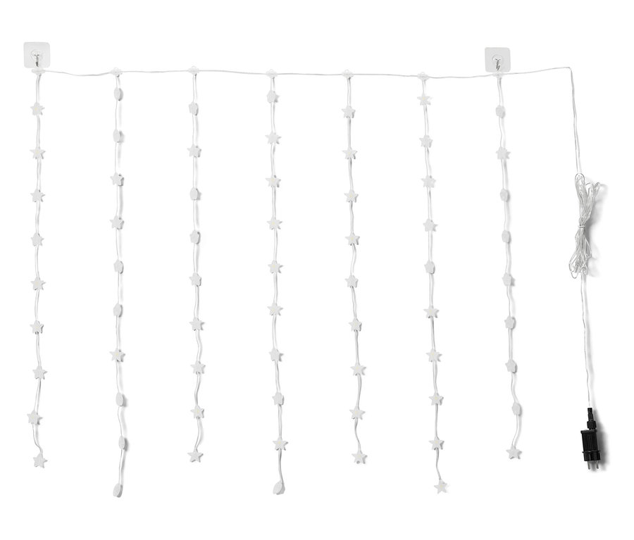 Białe łańcuchy świetlne w kształcie gwiazd wiszą na haczykach.
