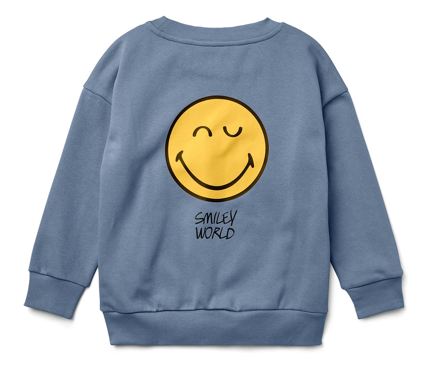 Niebieska bluza z żółtą buźką i napisem SMILEY WORLD.