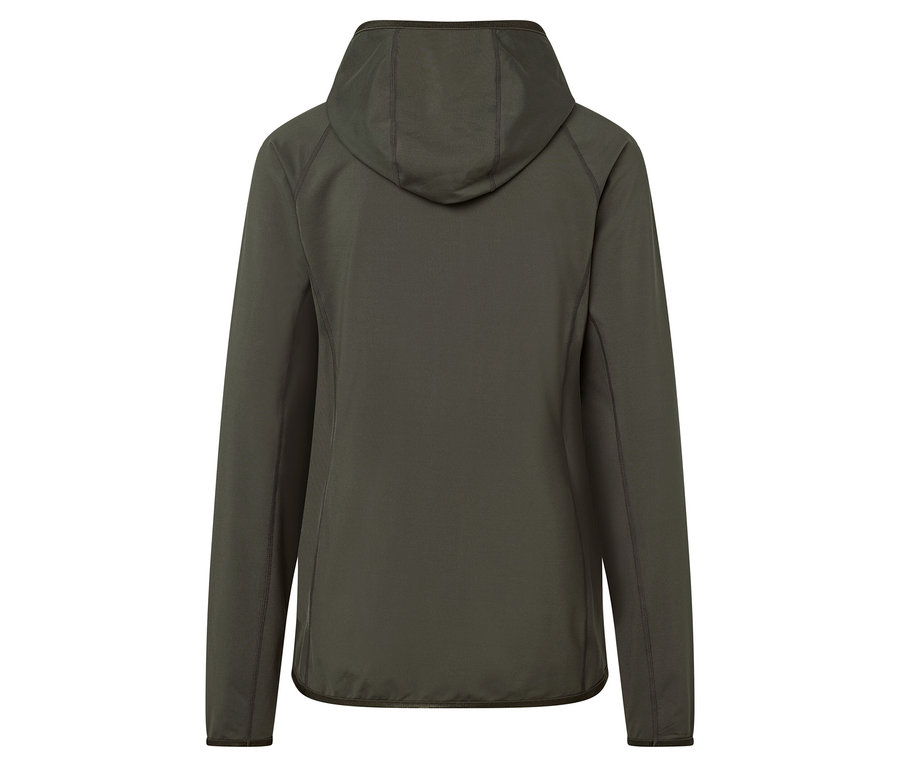 Widok z tyłu oliwkowozielonej bluzy z kapturem.