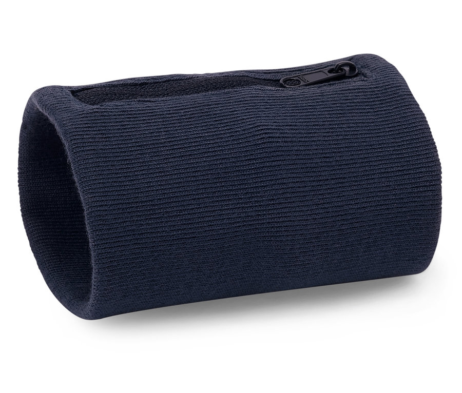 Na białej powierzchni leży granatowa opaska na nadgarstek z zamkiem błyskawicznym.