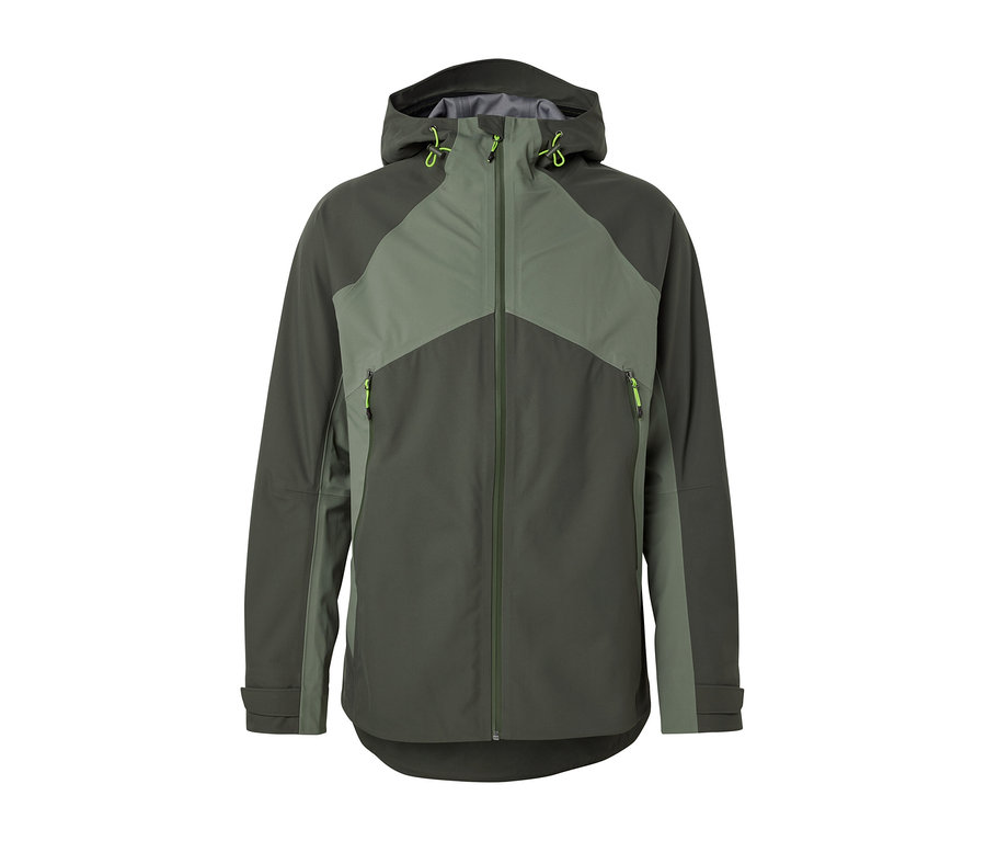 Zielona, 3-warstwowa kurtka outdoorowa z zamkiem błyskawicznym i kapturem.
