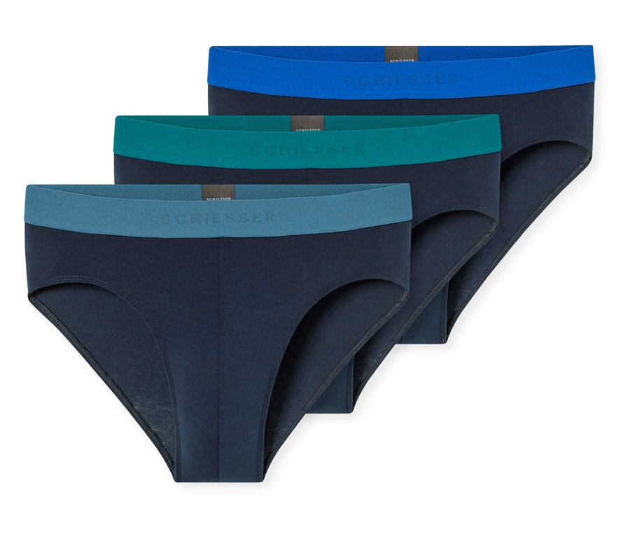 Trzy slipy SCHIESSER w kolorze granatowym z różnokolorowymi pasami: jasnoniebieskim, turkusowym i petrol.