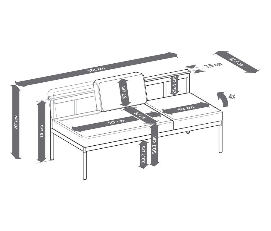 Wymiary 2-w-1-Gartenbank ‒ Leżanka »Elin« ze szczegółami dotyczącymi wysokości, szerokości i głębokości.