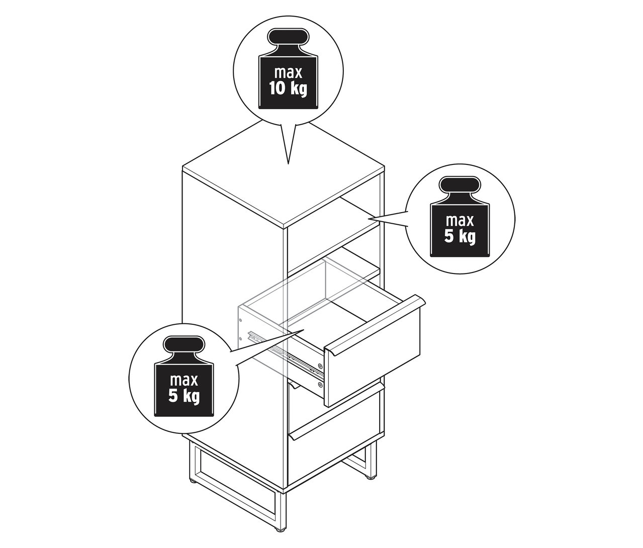 Widok z góry na komodę „LEEG” z trzema szufladami, z których jedna jest otwarta. Maksymalne obciążenie górnej części wynosi 10 kg, a szuflad i przegródek 5 kg.