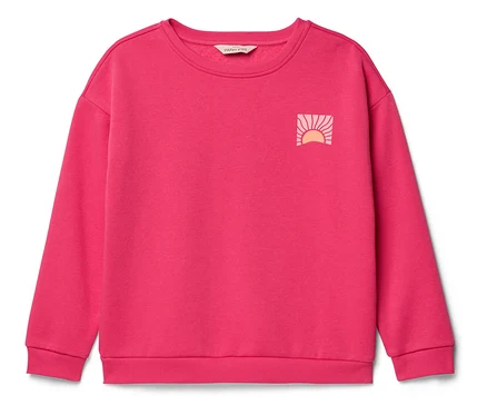 Różowa bluza z logo wschodu słońca na piersi.