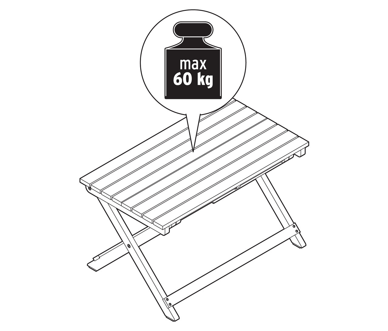 Ilustracja składanego stołu z oznaczeniem maksymalnej wagi 60 kg.