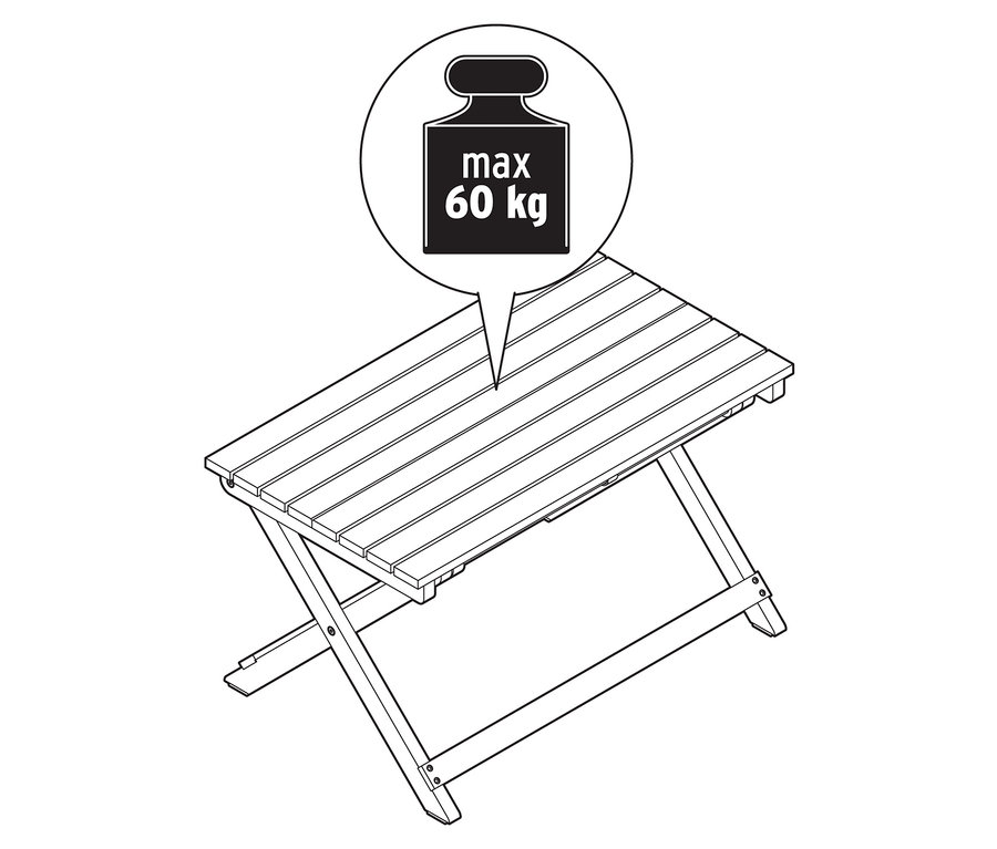 Ilustracja składanego stołu z oznaczeniem maksymalnej wagi 60 kg.