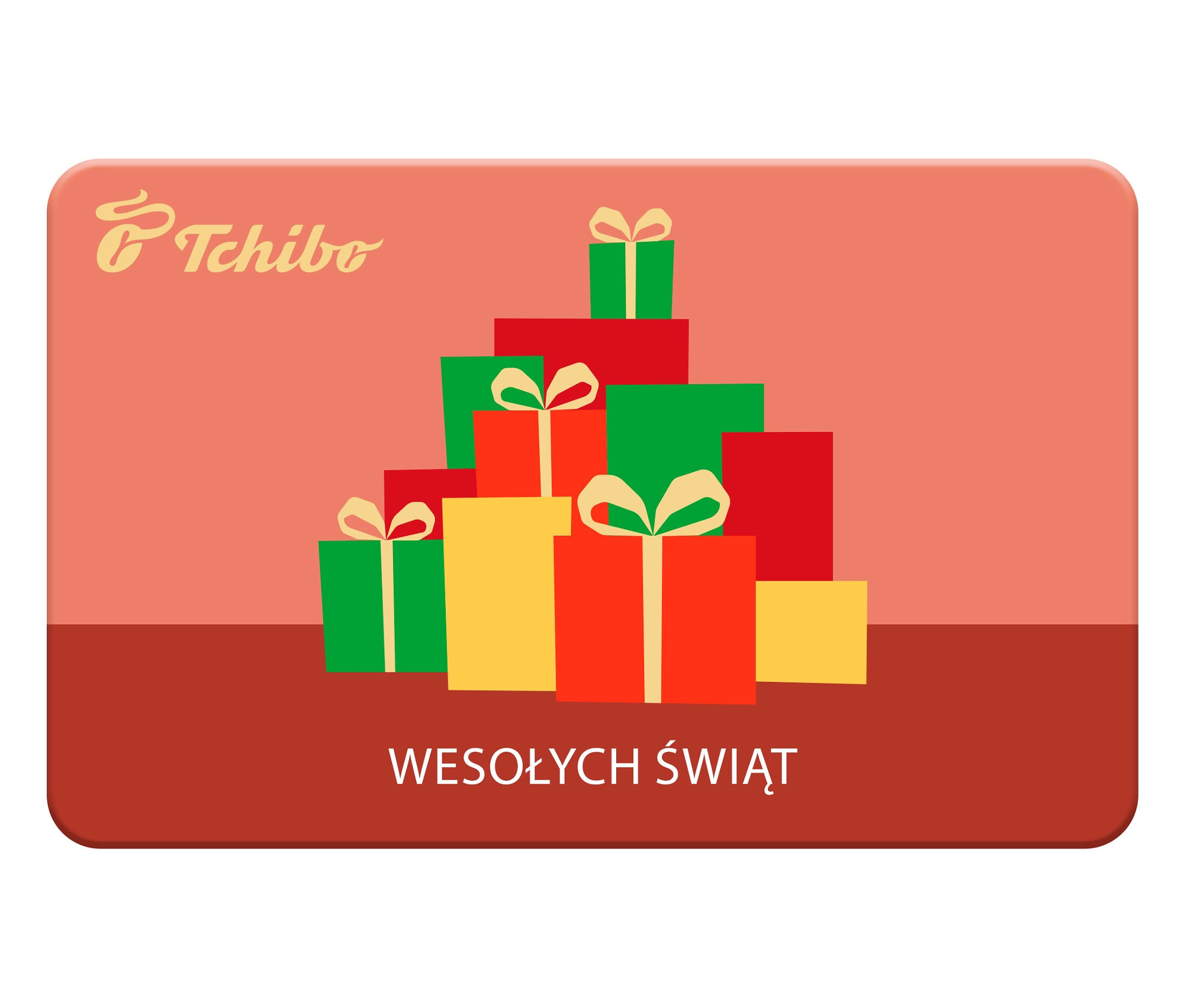 Karta podarunkowa z logo Tchibo i ilustracją ułożonych w stos prezentów w różnych kolorach.