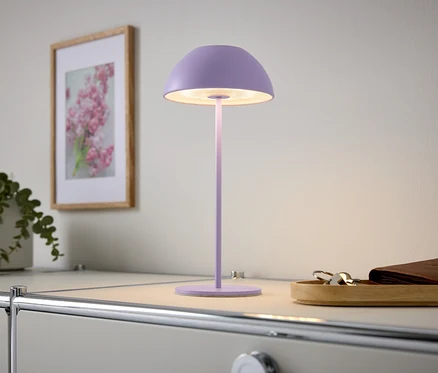 Fioletowa lampa stoi na stole, obok obraz z kwiatami i roślina.
