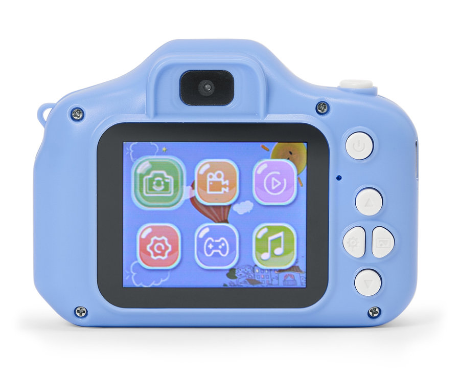 Zbliżenie jasnoniebieskiego aparatu zabawkowego z ekranem wyświetlającym różne ikony aplikacji.