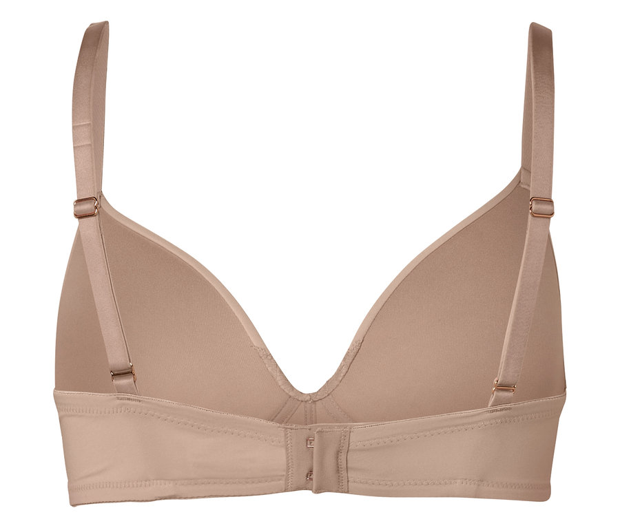 Widok z tyłu beżowego biustonosza z regulowanymi ramiączkami i zapięciem na haftki.