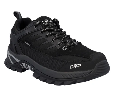 Zbliżenie pojedynczego czarnego buta trekkingowego CMP ze sznurówkami.