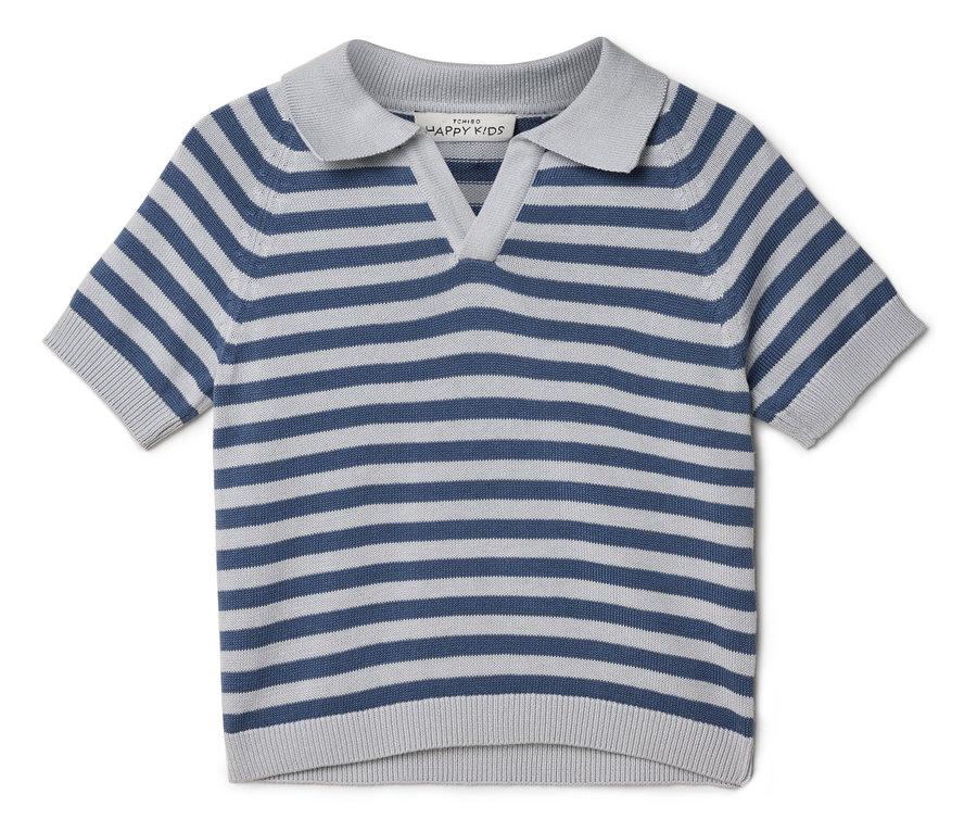 Polo z krótkim rękawem w paski, w kolorze niebiesko-szarym, leżące na białym tle.