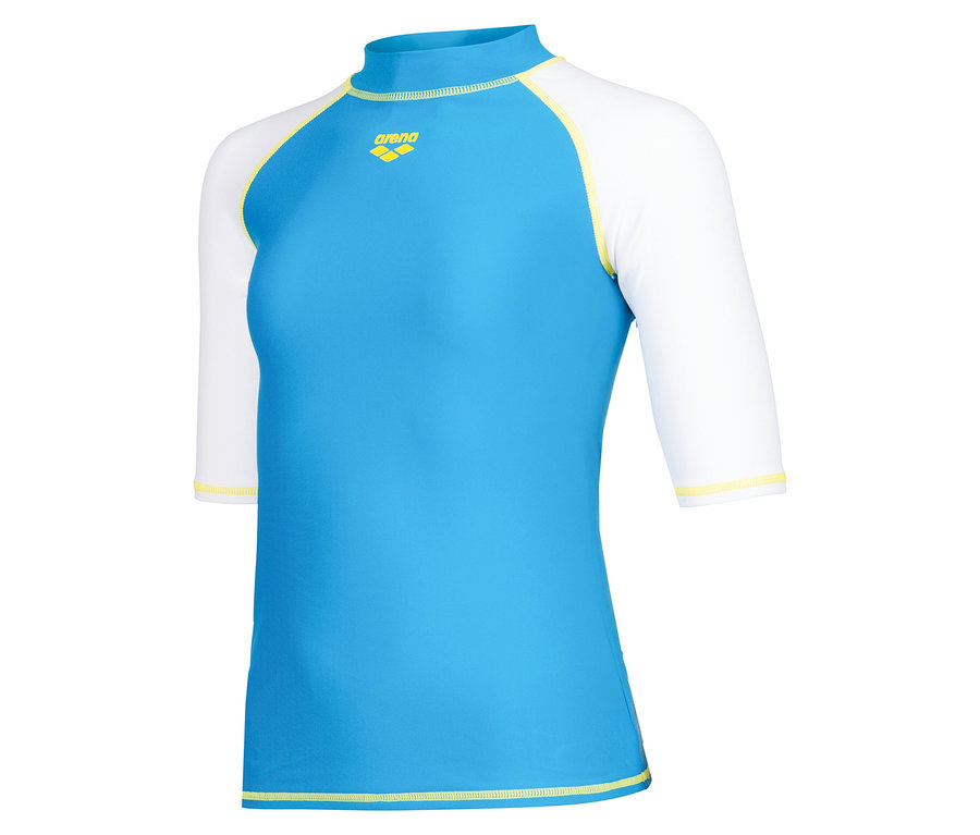 Niebieska krótka koszulka kąpielowa Arena z białymi rękawami i żółtymi akcentami.
