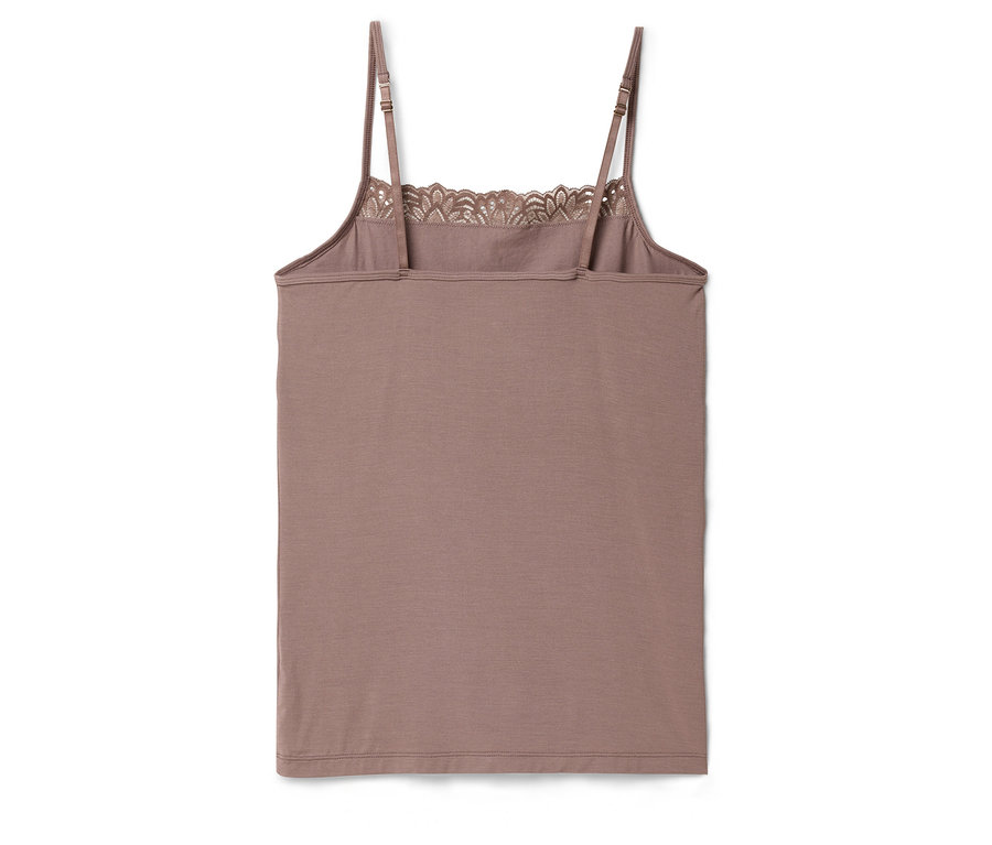 Mauve top na ramiączkach z koronkowym wykończeniem dekoltu, sfotografowany od tyłu.