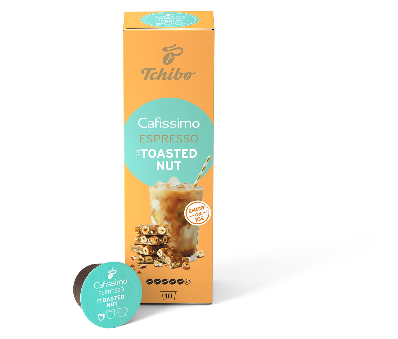 Opakowanie Cafissimo Flavoured Espresso Toasted Nut i kapsułka leżą na białym tle.