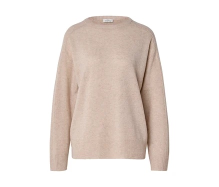 Beżowy sweter z cienkiej dzianiny z okrągłym dekoltem, długimi rękawami, ściągaczami i metką „MYSTYLE”.