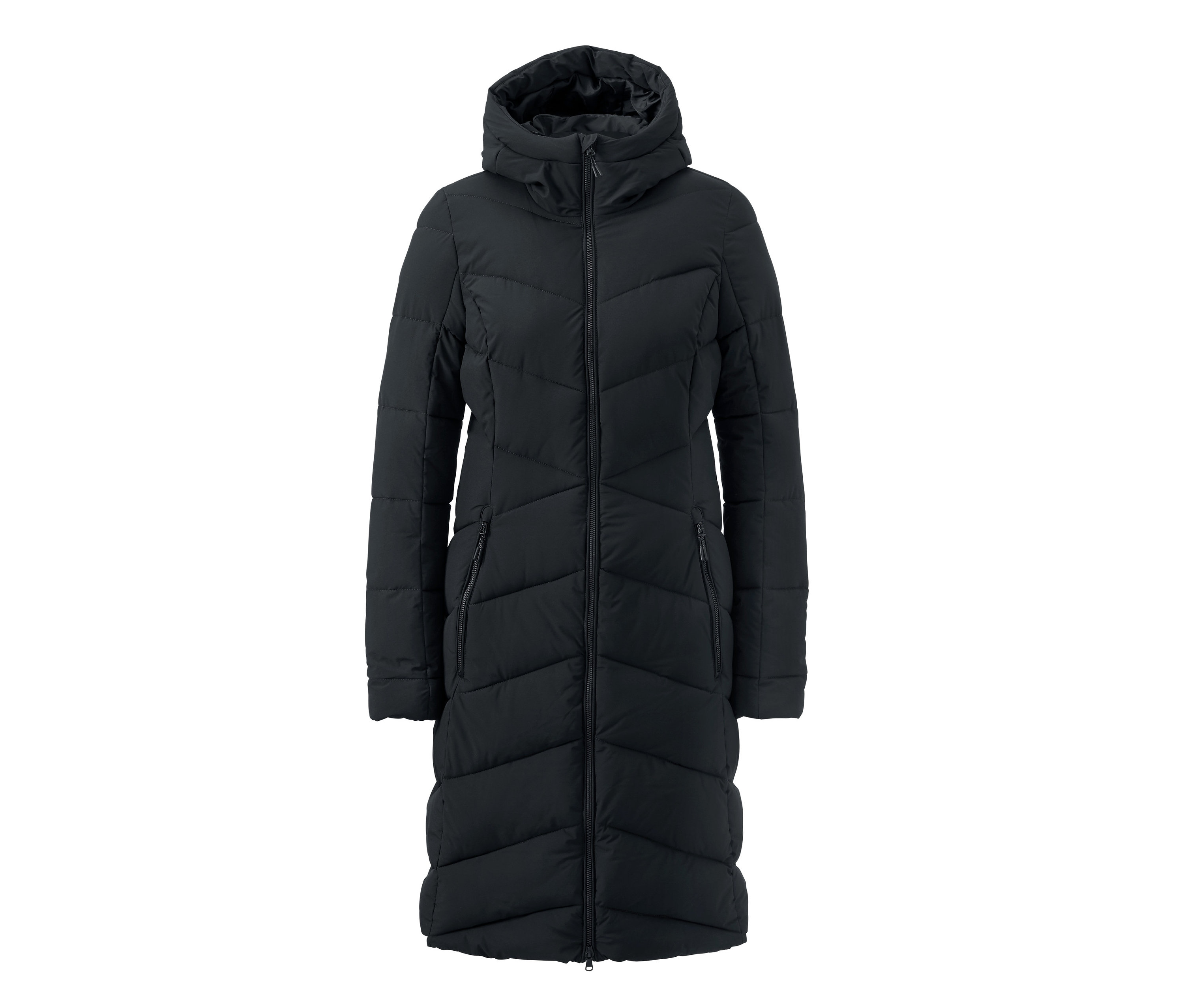 Czarny, pikowany płaszcz damski z kapturem.