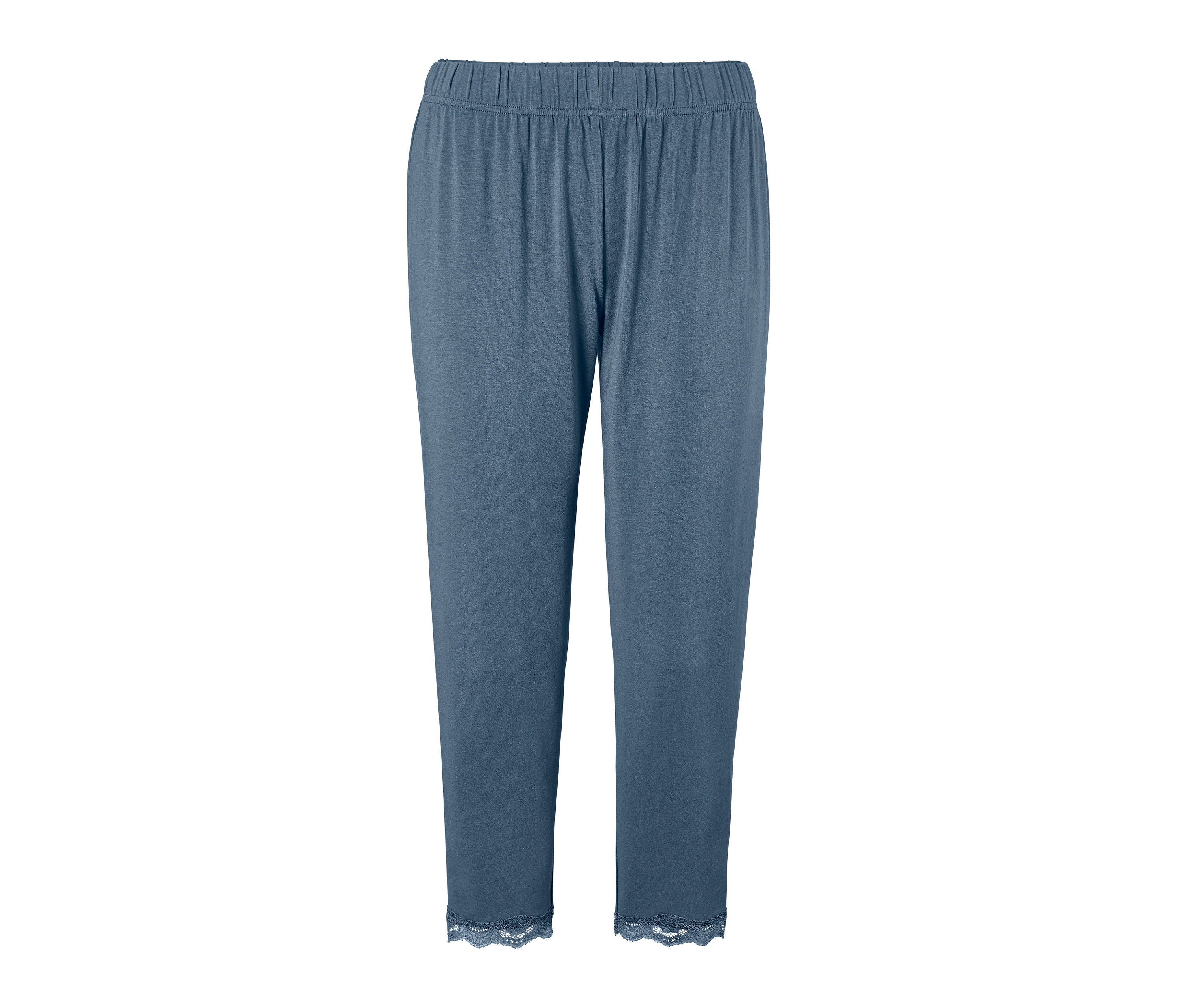 Niebieskie spodnie od piżamy z koronką.