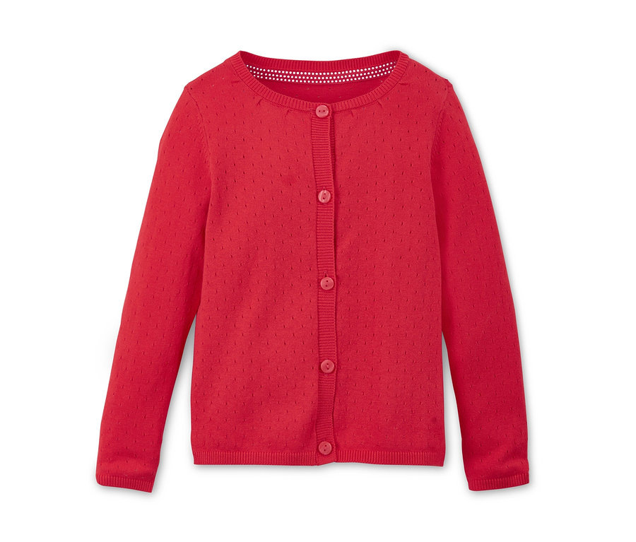 Czerwony kardigan z ażurowym wzorem.