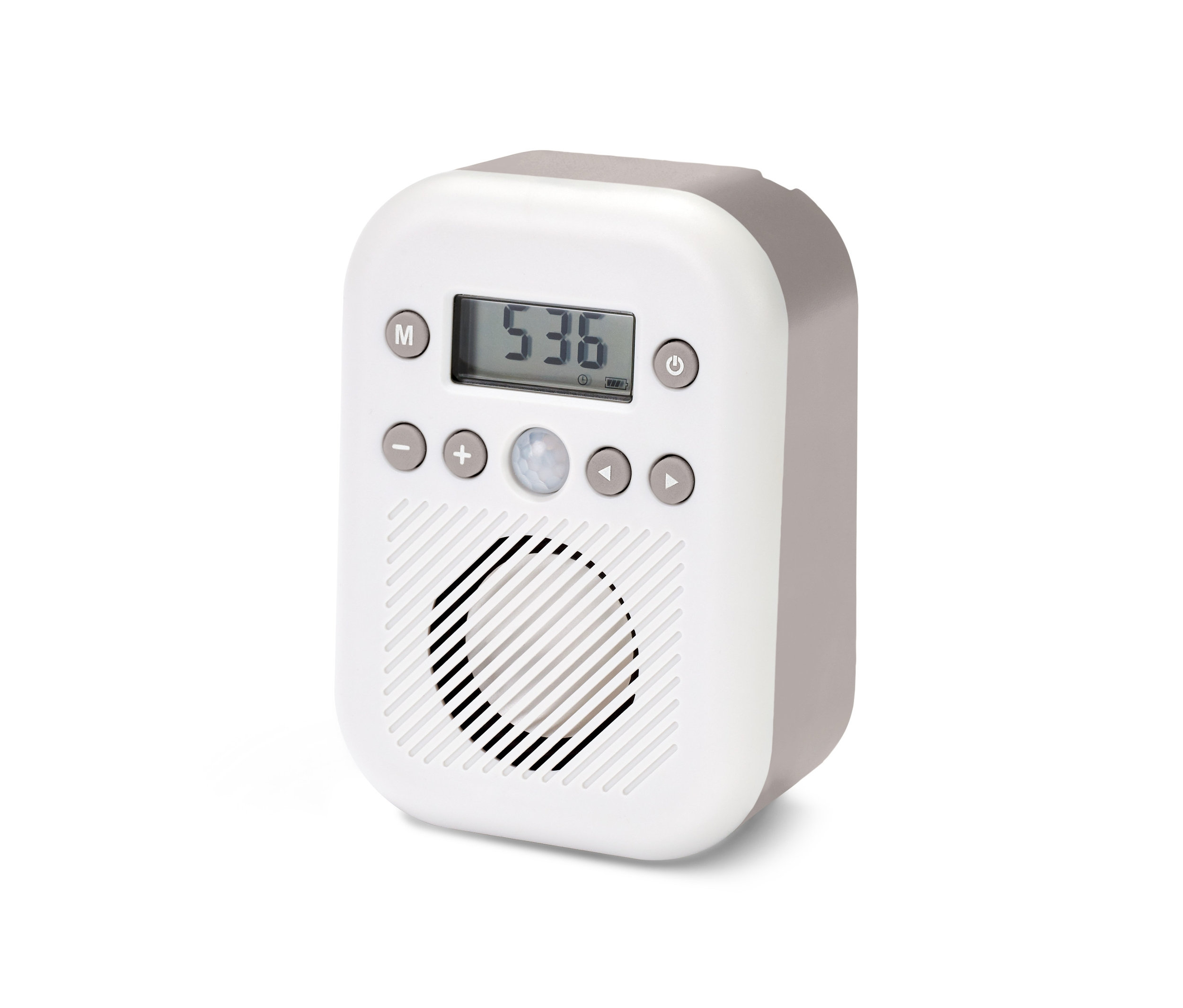 Szaro-białe radio łazienkowe z czujnikiem ruchu.