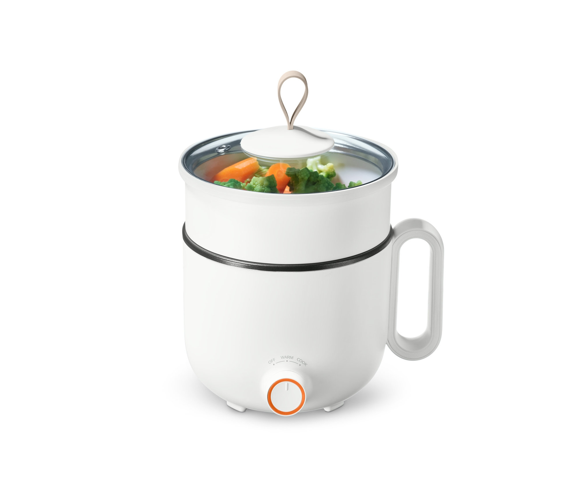 Biały mini robot kuchenny z uchwytem i warzywami w środku.