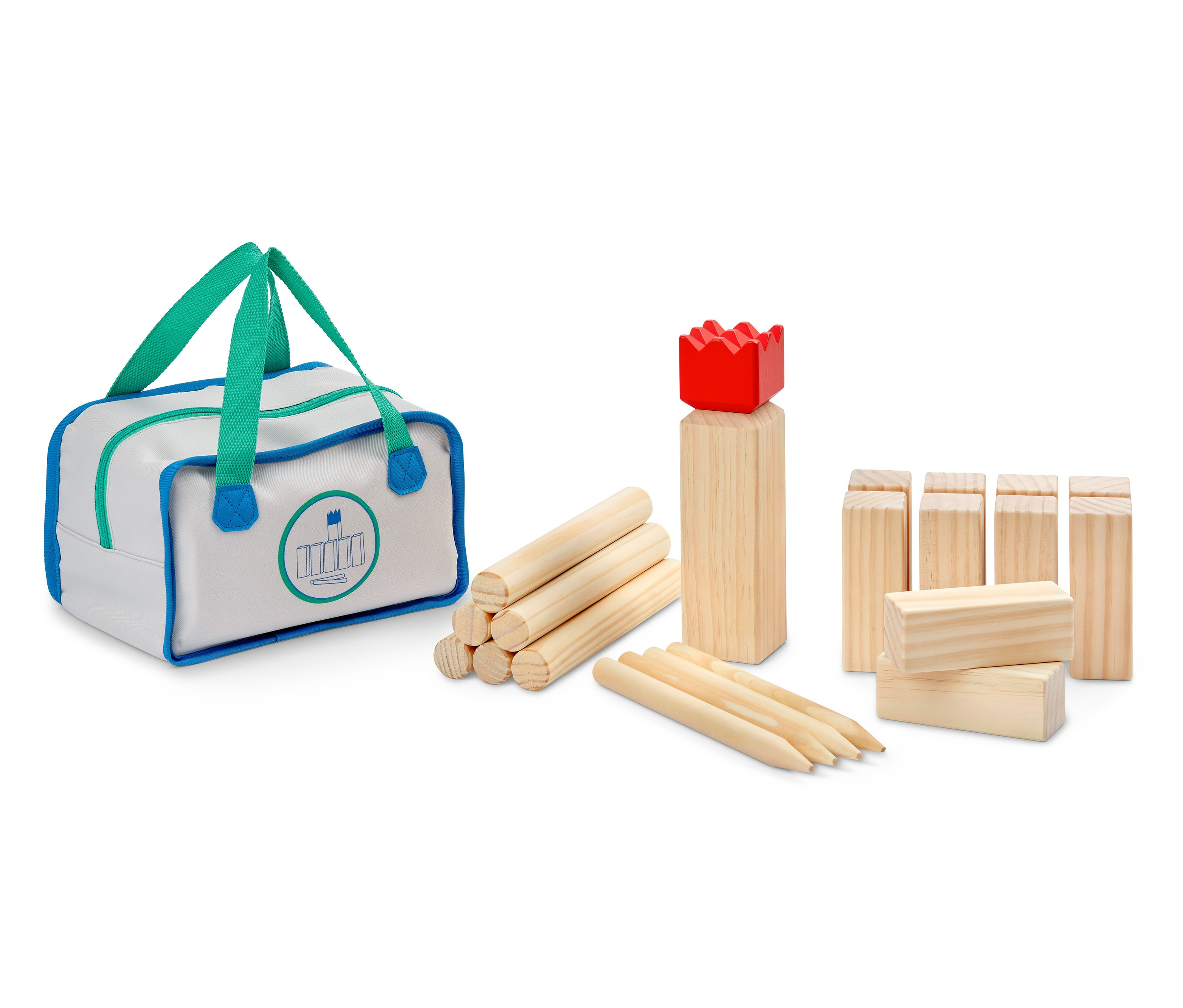 Zestaw do gry w Kubb, znanej również jako szachy Wikingów, wykonany z drewna, z torbą do przenoszenia.