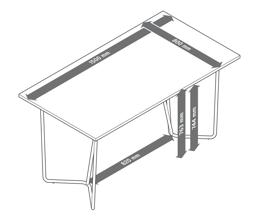 Szkic designerskiego stołu stylizowanego na kamienny, z metalowym stelażem i wymiarami.