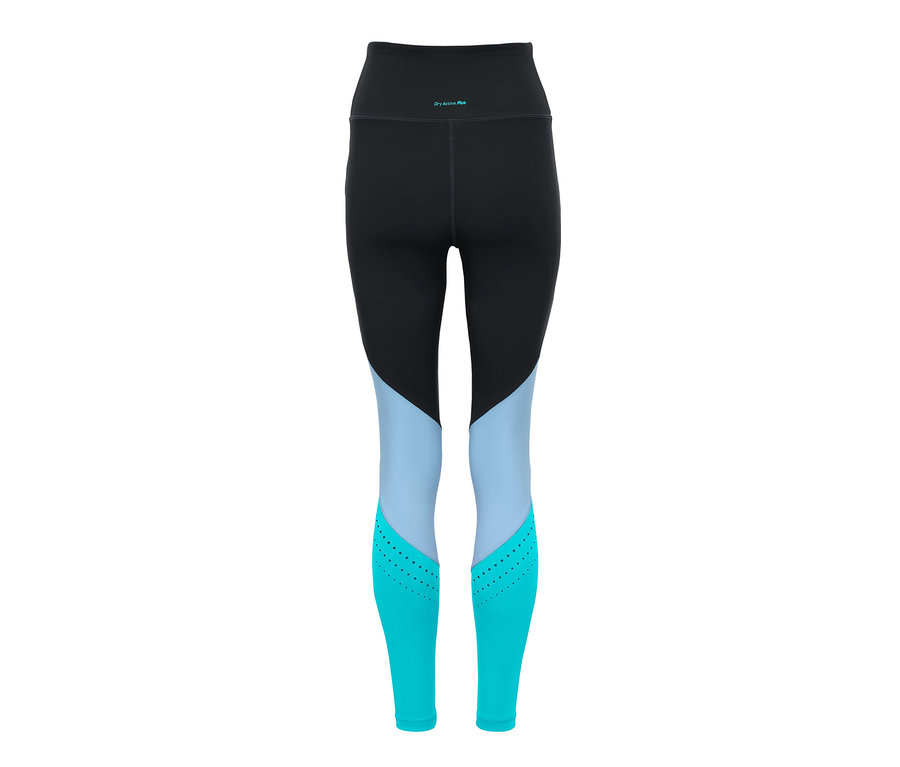 Legginsy sportowe o długości 7/8 w kolorze czarnym, jasnoniebieskim i turkusowym.