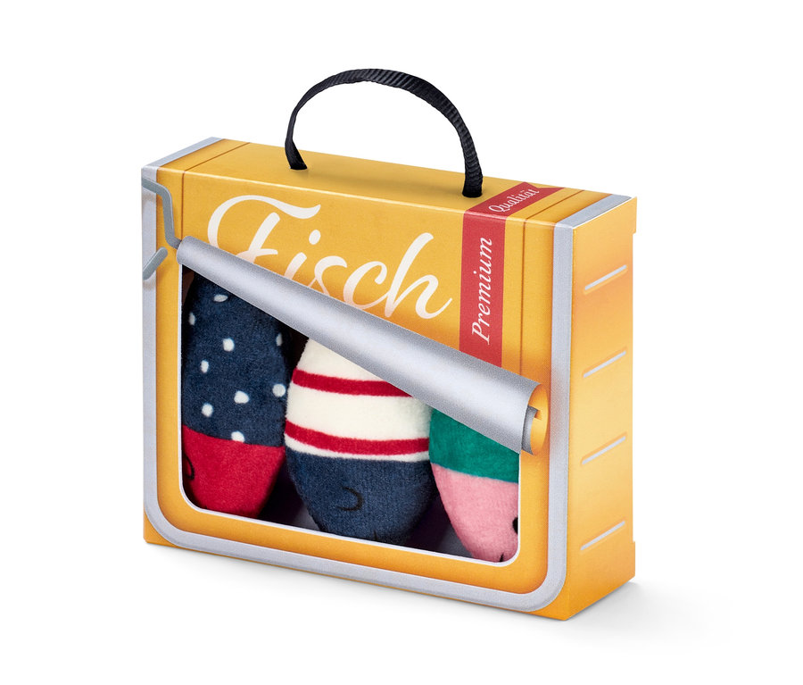 Żółta puszka z zabawkami dla kota »rybki«, 3 sztuki.