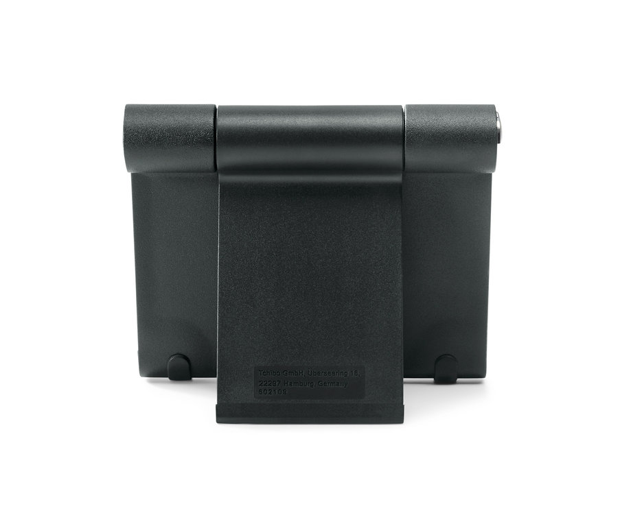 Czarny stojak na smartfon lub tablet.